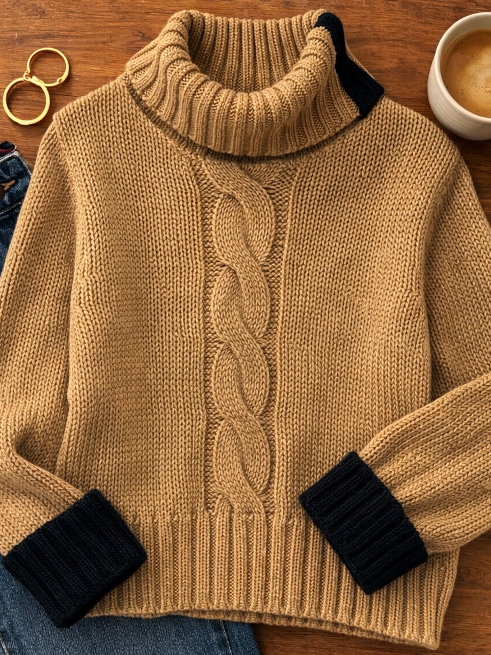 Cleo Cable Knit Split Turtleneck Sweater Camel Navy Trim Cozy Knit